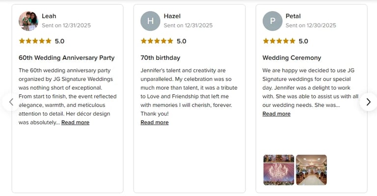 Three event review cards showing 60th Wedding Anniversary Party, 70th birthday, and Wedding Ceremony with star ratings and customer testimonials