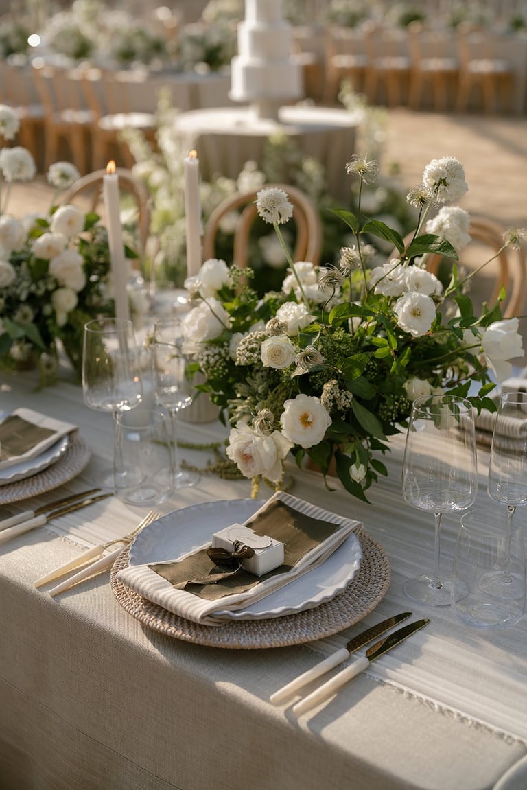 Elegant outdoor wedding table setting with white flowers, place settings, candles, and neutral linens