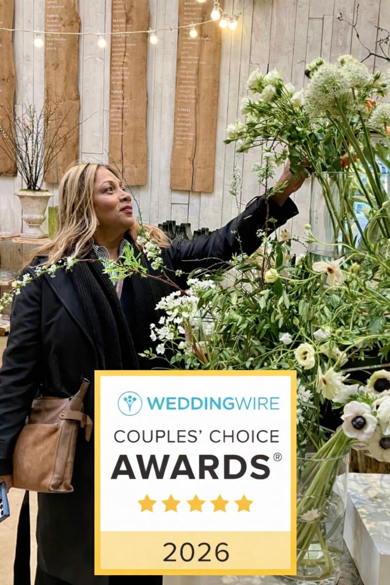 Woman in black blazer arranging white flowers beside a WeddingWire Couples Choice Awards 2026 sign in a rustic wooden venue