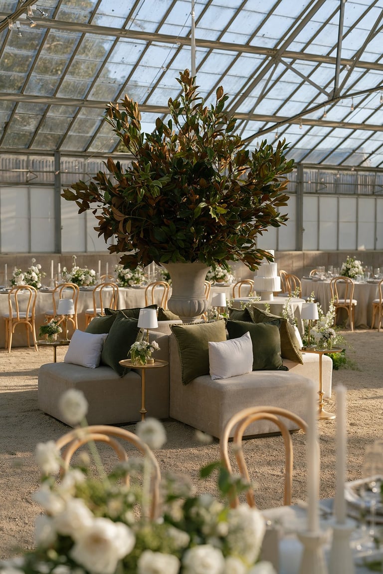 Elegant greenhouse venue with cream seating cluster, large potted foliage arrangement, white pillows, and wooden chairs arranged for an event