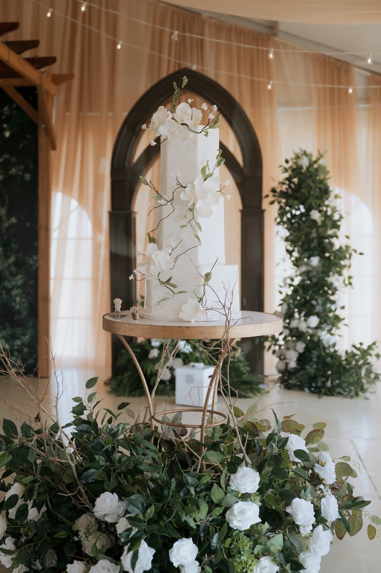 Elegant wedding display with white tiered cake in arched frame, surrounded by white flowers and greenery on a wooden table
