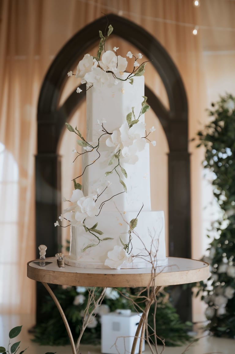Elegant white wedding cake with cascading flowers and greenery displayed on a wooden table beneath an arched black doorway