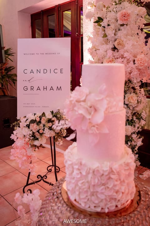 Elegant wedding reception entrance with pink ruffled cake, floral backdrop, and welcome sign for Candice and Graham