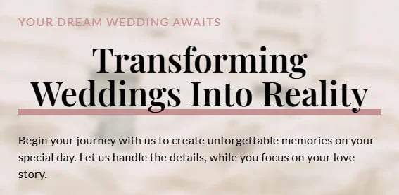 Wedding planning service advertisement with tagline Transforming Weddings Into Reality and description text
