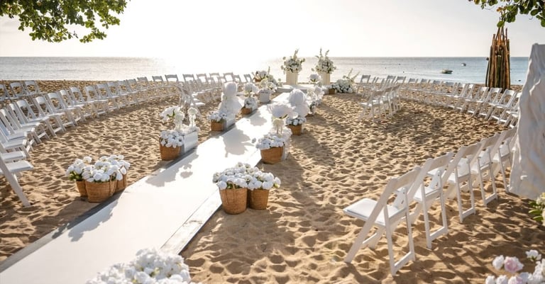 Beach wedding ceremony setup with white chairs lining a sand aisle, white flowers in baskets, and ocean view