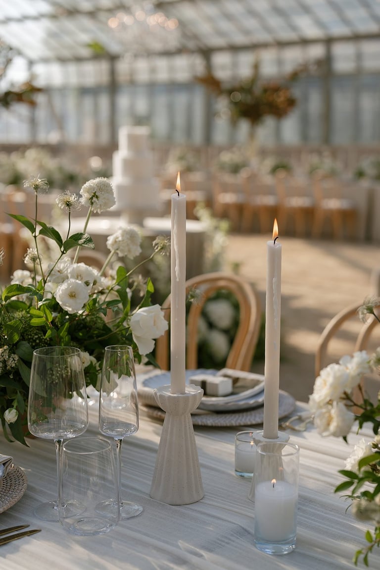Elegant table setting in a greenhouse with white flowers, lit candles, wine glasses, and place settings with blurred decorations in background